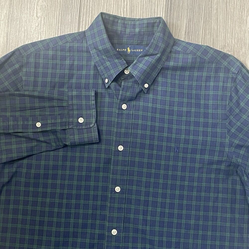 Ralph Lauren Button Down Shirt Men's 17-43 Plaid Blue Pony Business Long Sleeve